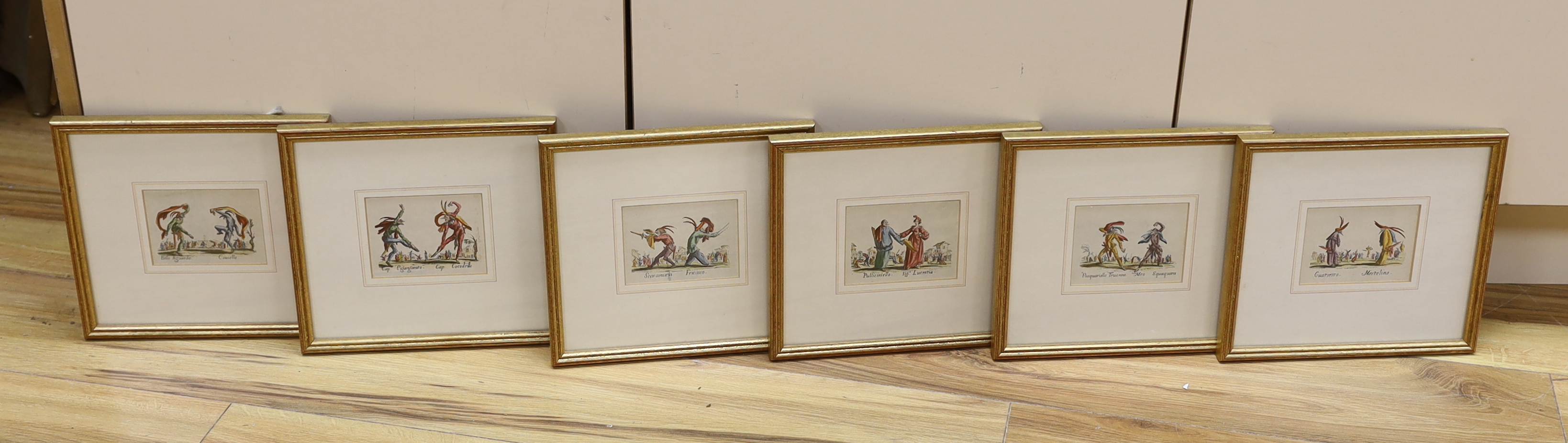 After Jaques Callot (French, 1592-1635), set of six colour prints from the series ‘Balli Di Sfessania’, 8 x 10cm